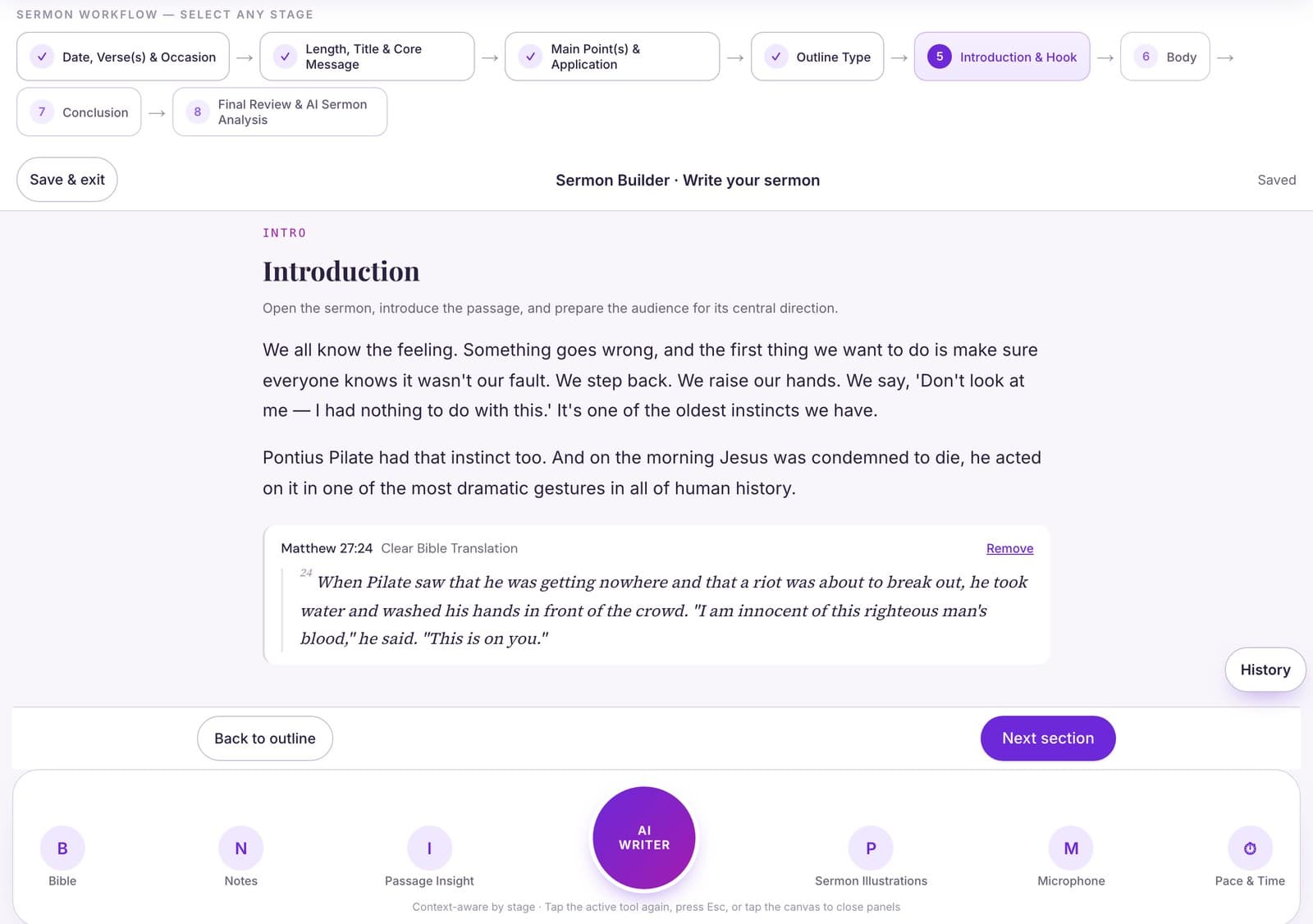 The Sermon Builder on a computer: a sermon's introduction with Matthew 27:24, and the tool bar with the AI Writer button in the middle